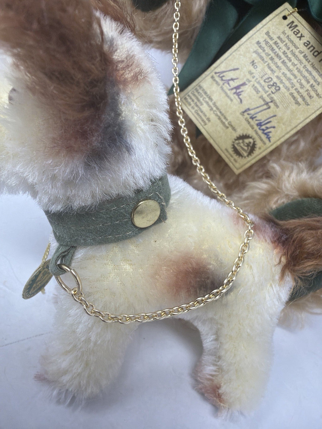 Hermann Coburg Max and Foxl mohair bear and dog, close-up of Foxl's green collar, medallion and chain lead