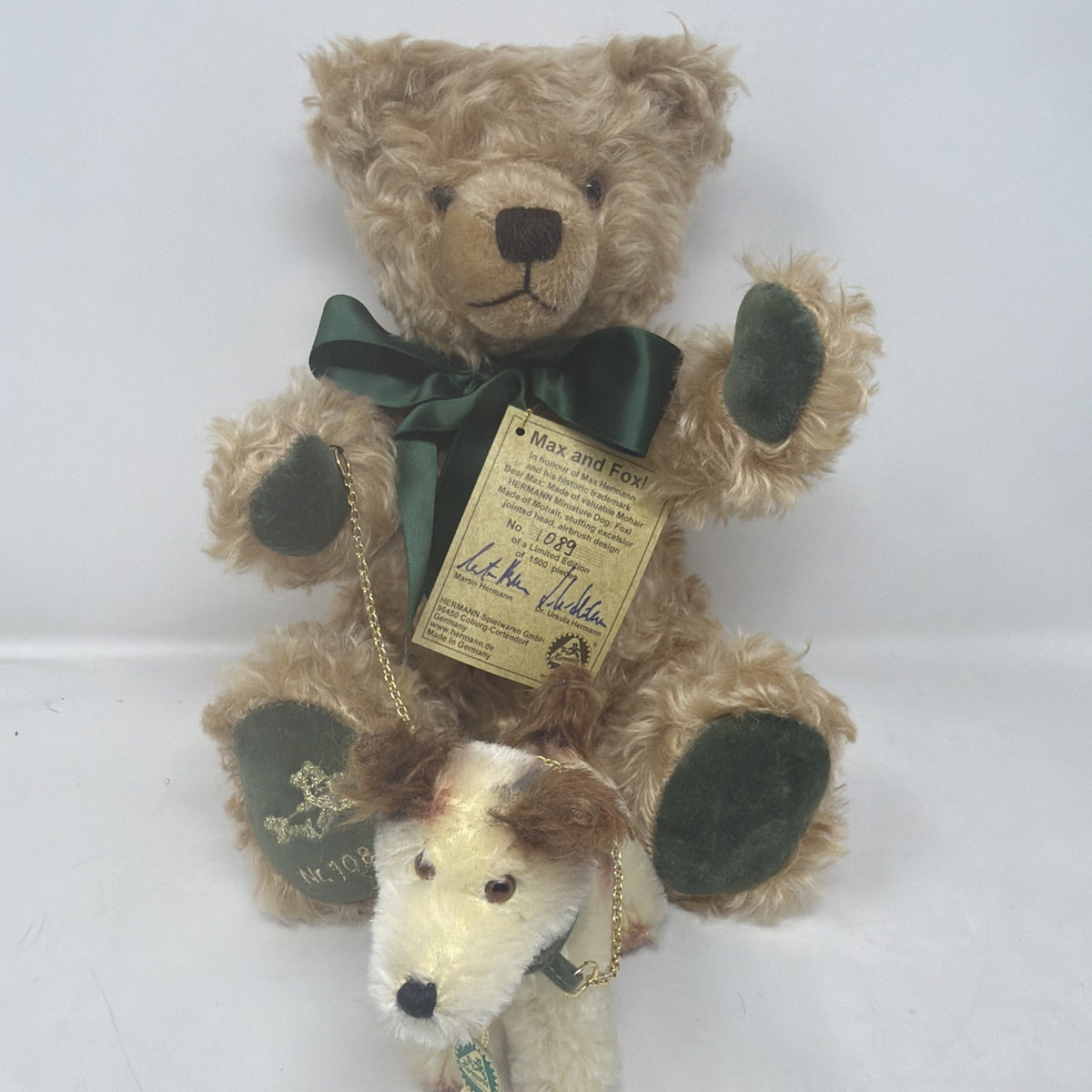 Hermann Coburg Max and Foxl mohair bear and dog, Max seated with Foxl at his feet
