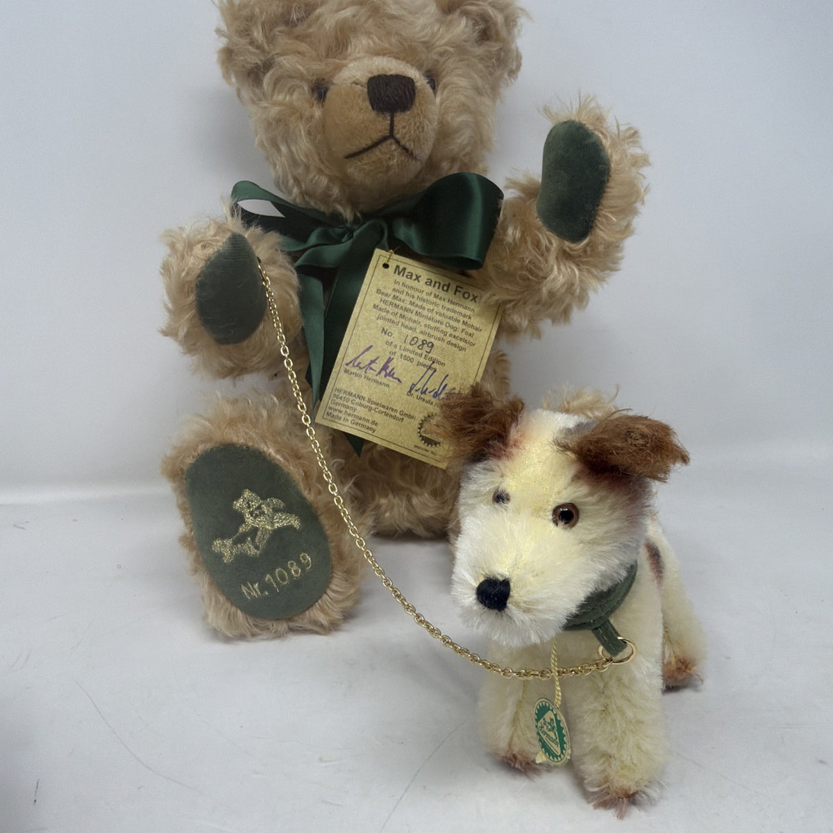 Hermann Coburg Max and Foxl mohair bear and dog, Max with Foxl on his gold-tone chain lead