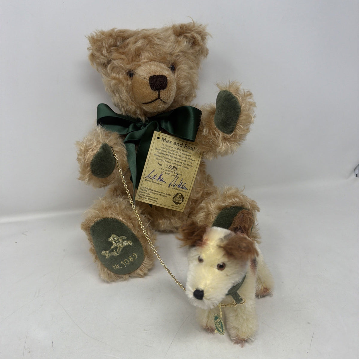 Hermann Coburg Max and Foxl mohair bear and dog, side angle of the set