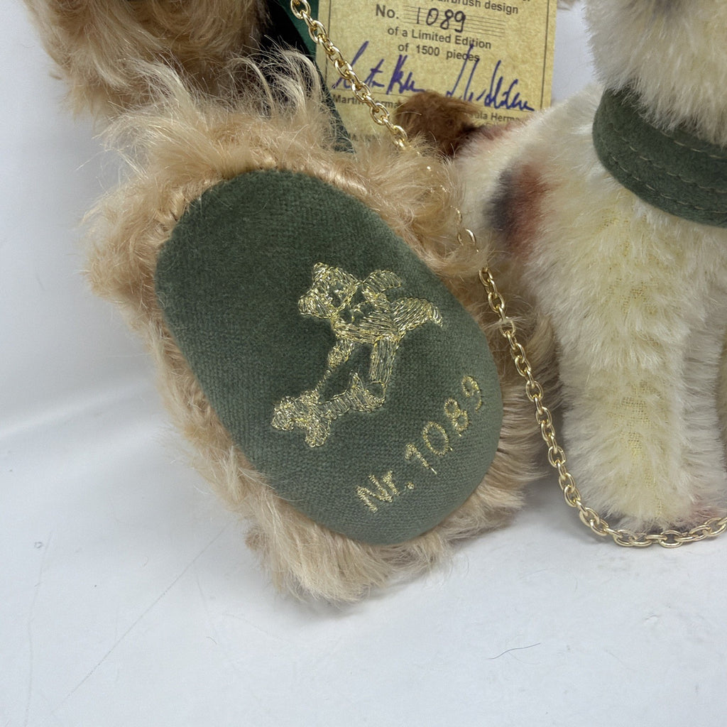 Hermann Coburg Max and Foxl mohair bear and dog, foot pad embroidered with Hermann logo and Nr. 1089