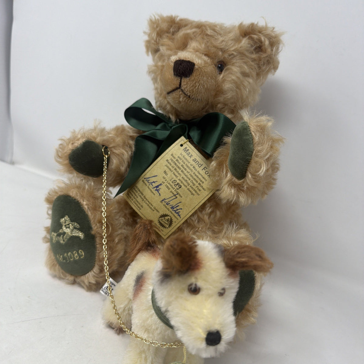 Hermann Coburg Max and Foxl mohair bear and dog, low-angle front view