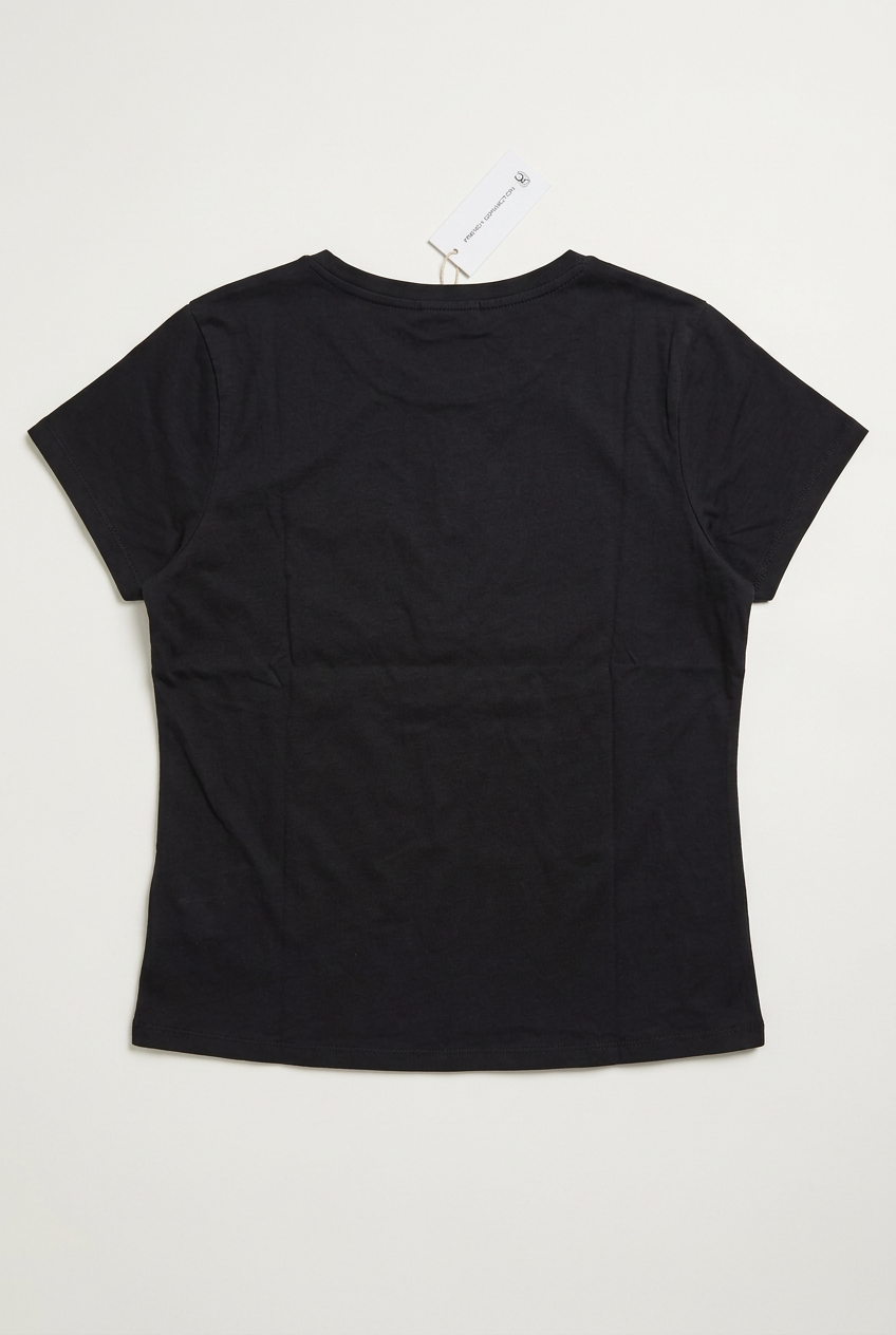 AI-generated back flat lay of French Connection FAME women's Large cotton tee showing plain black rear. Original photographs show actual construction and condition.