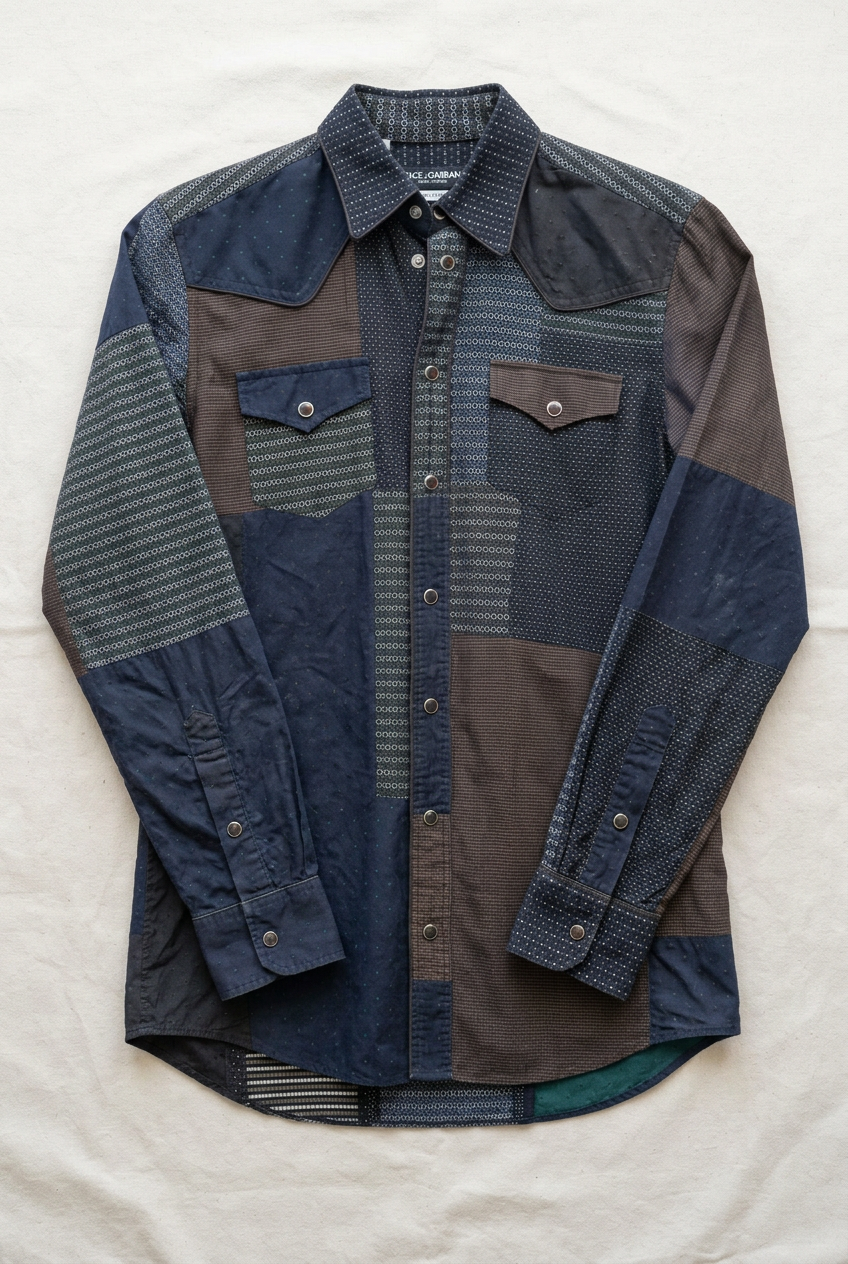 AI-generated front flat lay of Dolce & Gabbana navy-multi patchwork Small shirt. See original photographs for actual pre-owned condition and front marks.