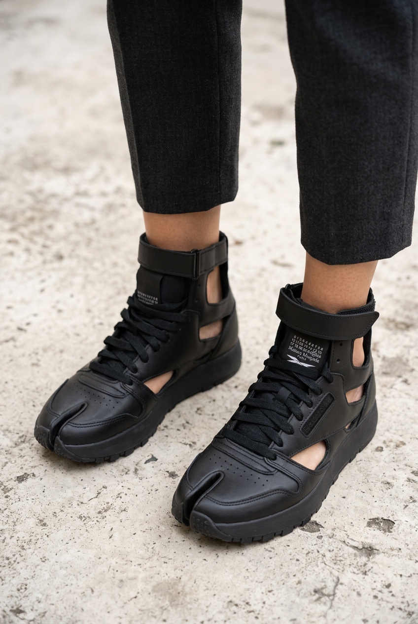 AI-generated photographic lifestyle styling of black Margiela x Reebok split-toe trainers with cropped trousers; fit illustrative, trousers not included.
