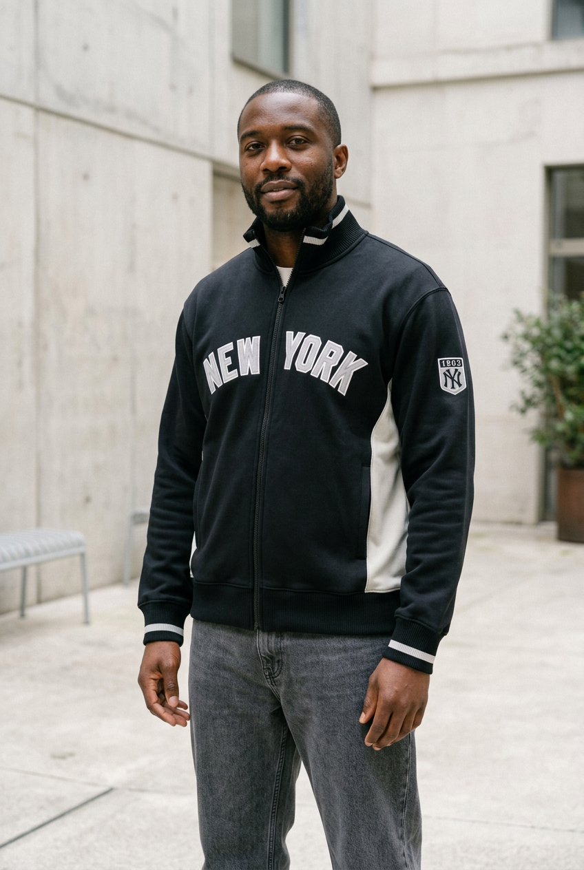 AI-generated photographic lifestyle illustration of New York Yankees track jacket on a Large-proportioned man. Fit is illustrative; jeans not included. See original garment photographs for actual details.