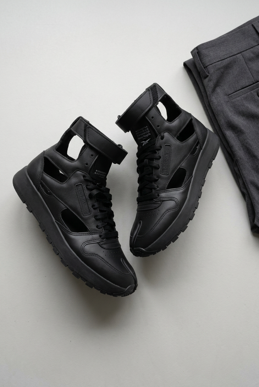 AI-generated photographic flat lay of black Margiela x Reebok Tabi High trainers with charcoal trousers; styling props not included.