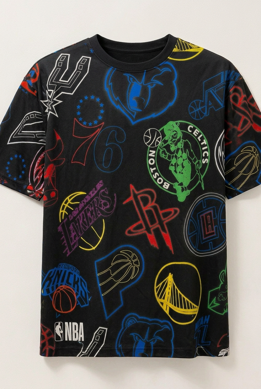 AI-generated front flat lay of New Era NBA black all-over team logo tee, men's 2XL. Refer to original photographs for exact print, tags and any handling marks.