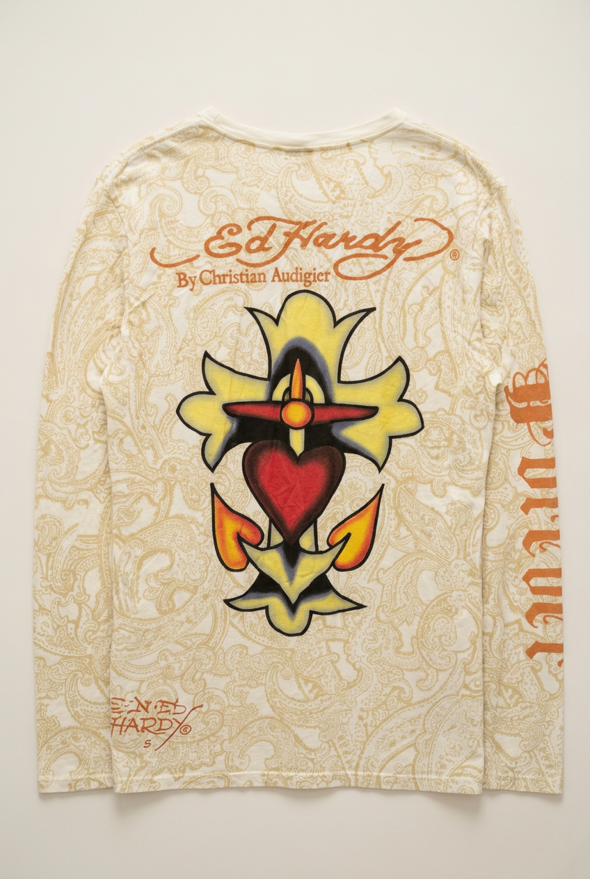 AI-generated back flat lay of Ed Hardy cream paisley long sleeve tee with cross, heart and anchor artwork. See originals for exact print and condition.