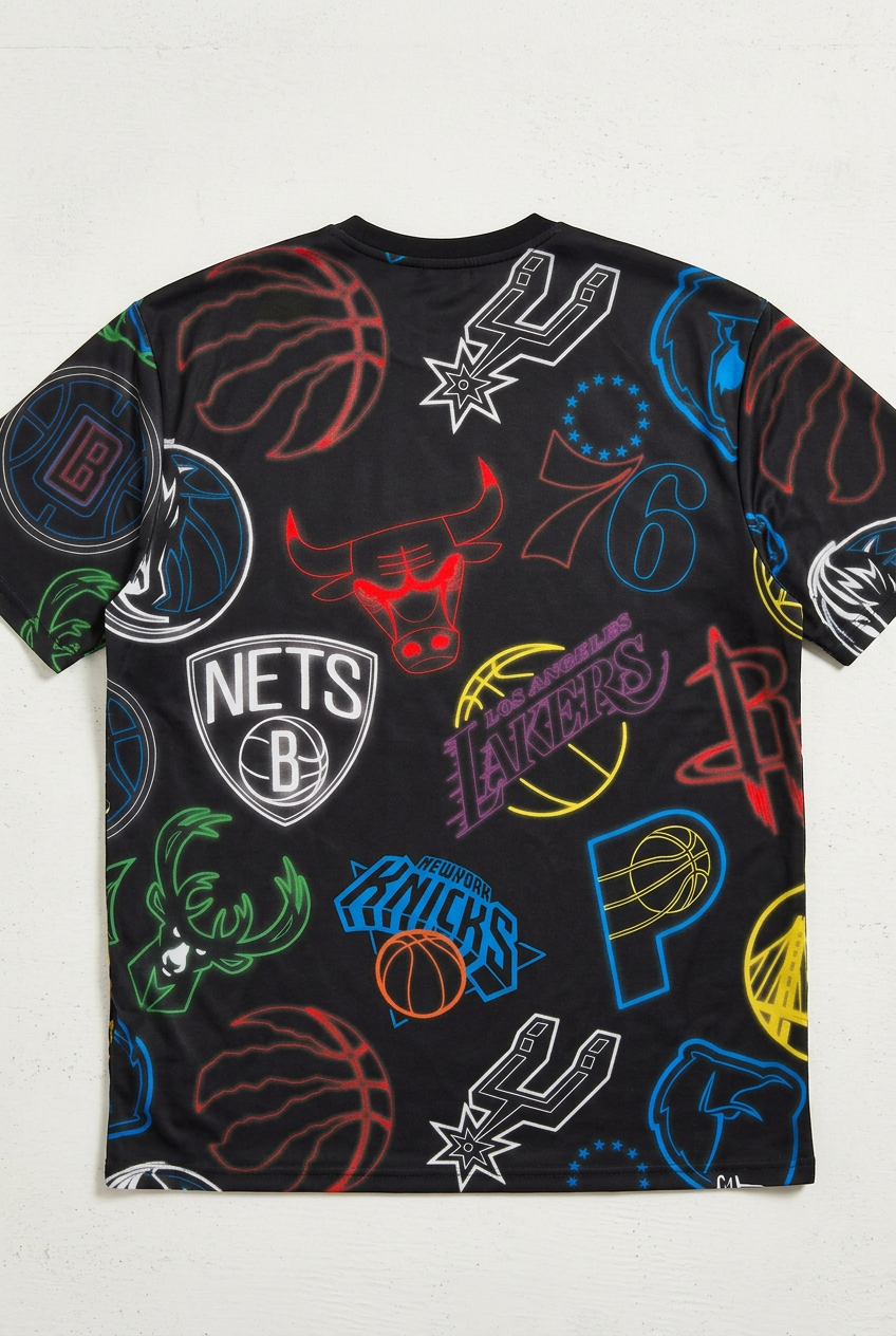 AI-generated back flat lay of New Era NBA men's 2XL black tee with multicolour team logo outlines. Original photographs show exact rear print and condition.