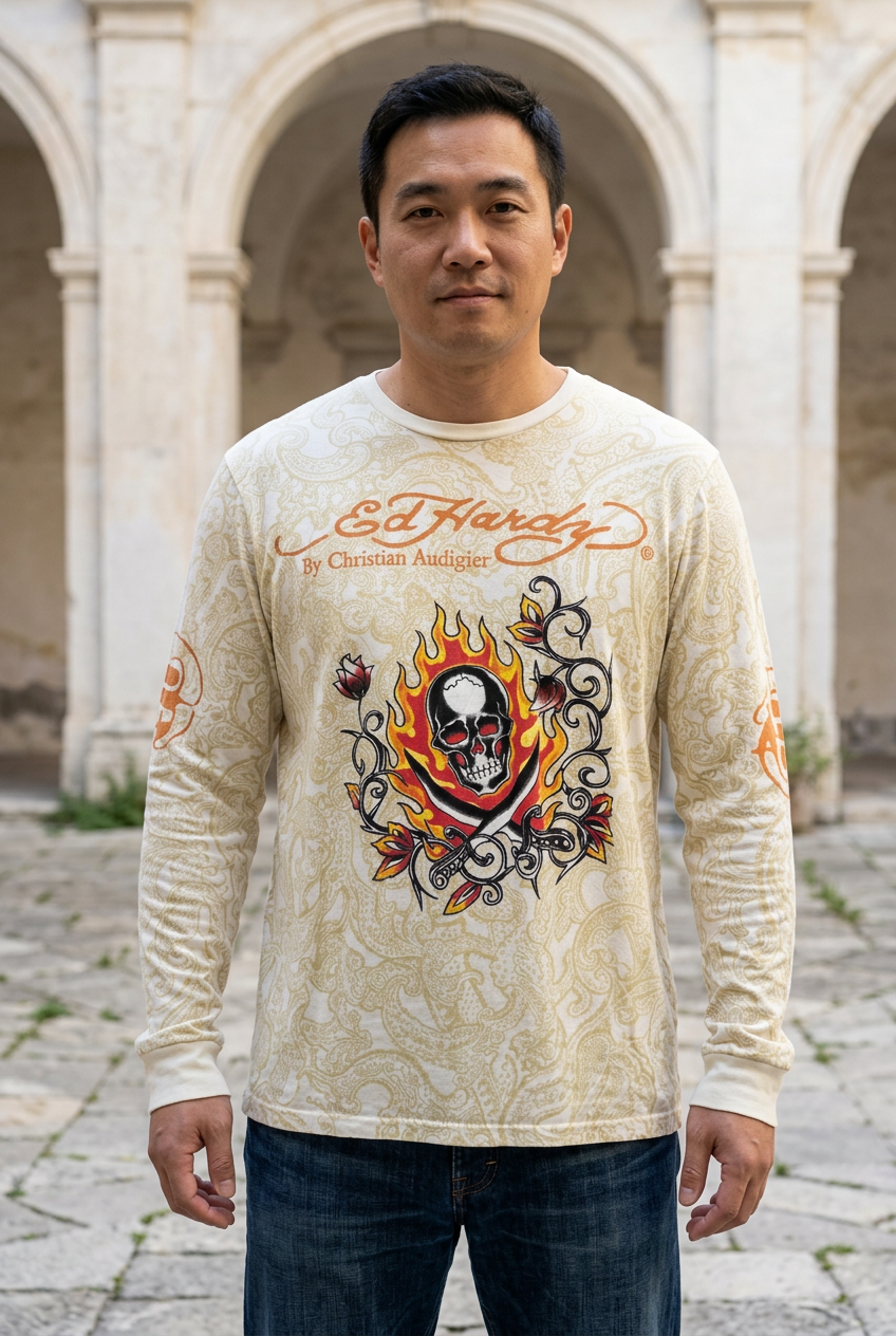 AI-generated photographic lifestyle illustration of Ed Hardy skull and flame long sleeve tee on an XL-proportioned man, size confirmed by seller. Fit illustrative; jeans not included. See original photos for actual details and condition.