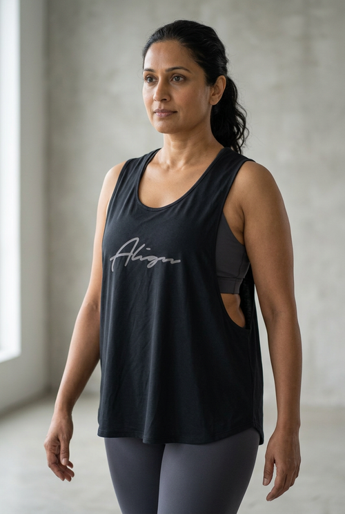 AI lifestyle styling of A.L.I.G.N vest. Fit illustrative; sports bra and leggings not included.