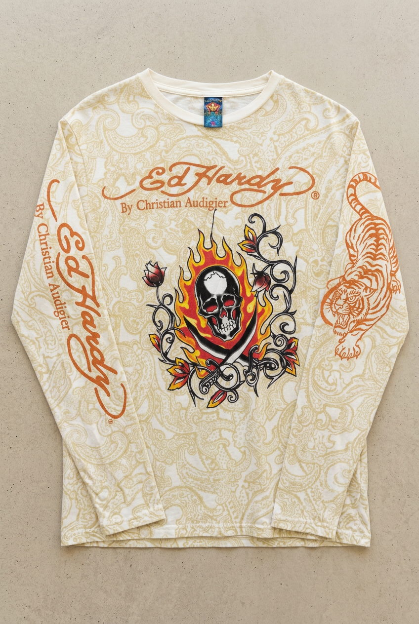 AI-generated front flat lay of Ed Hardy cream paisley skull and flame long sleeve tee. See original photos for exact artwork, fabric, detached tag and condition.