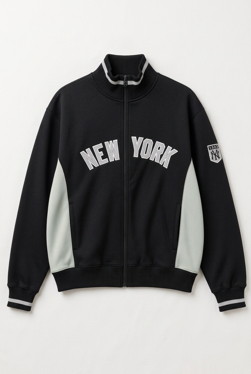 AI-generated front flat lay of Large New York Yankees black and off-white full-zip track jacket with New York chest lettering. Refer to original garment photographs for exact details.