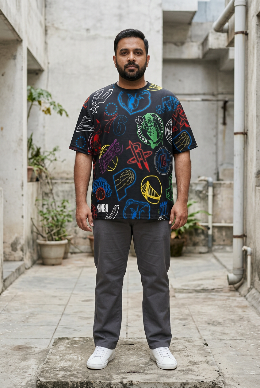 AI-generated photographic lifestyle illustration of New Era NBA all-over logo tee on a 2XL-proportioned man. Fit is illustrative; trousers not included. Refer to originals for exact artwork and condition.