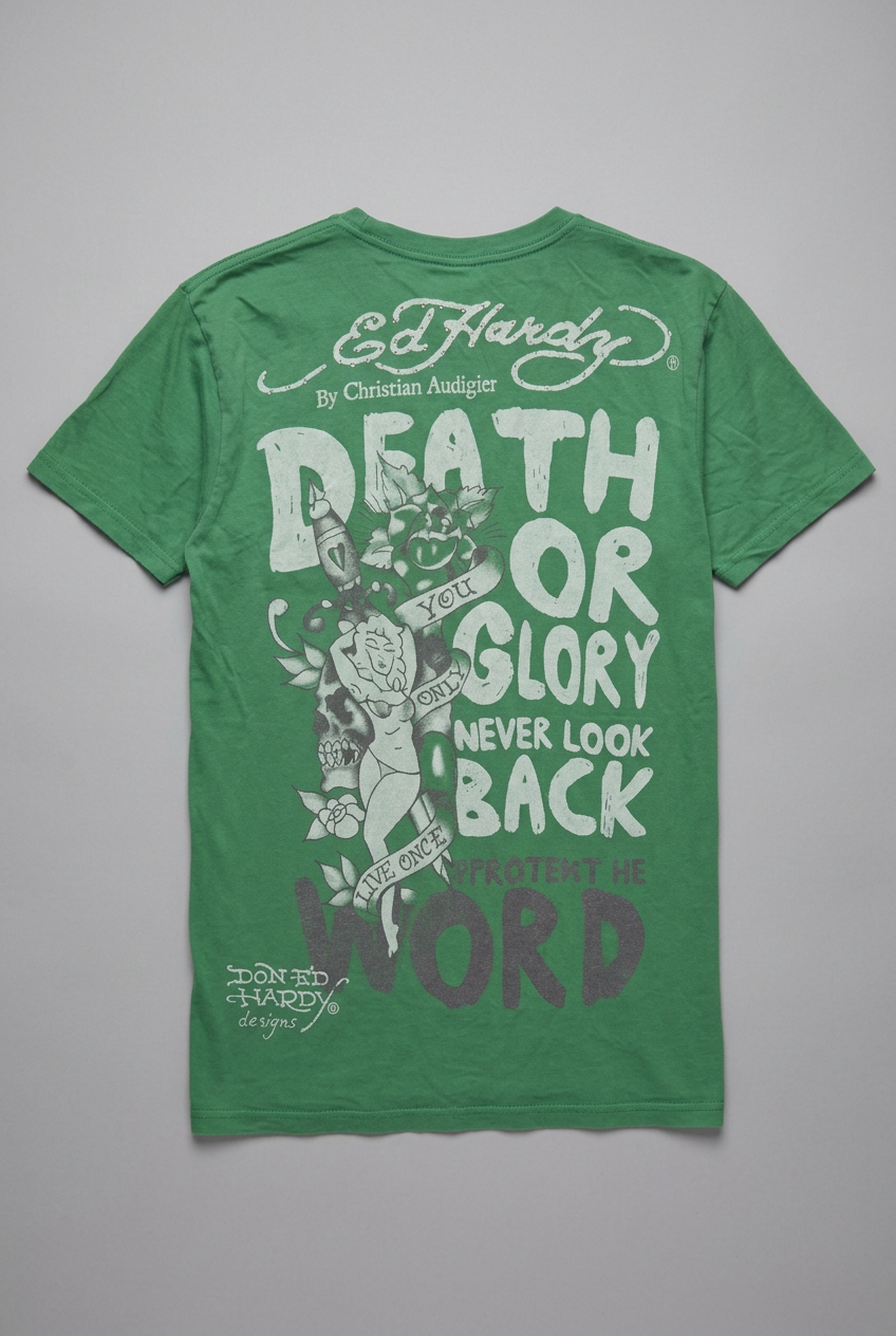 AI back flat lay of green Ed Hardy tee with deliberately faded monochrome artwork. Original photos retained.