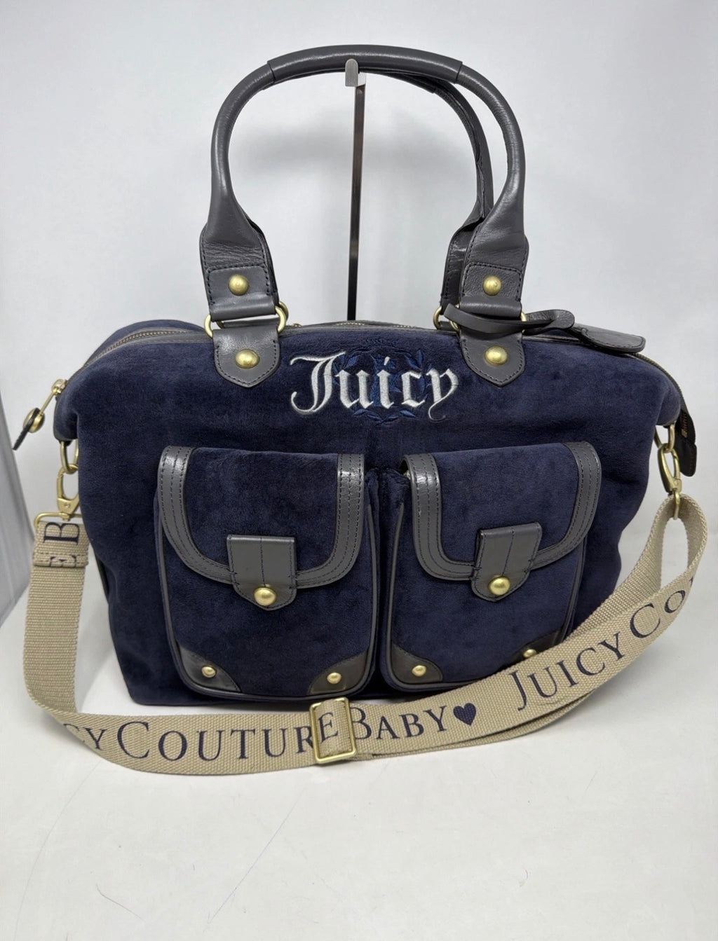 Juicy Couture large navy velour shoulder bag with grey leather trim and strap, stylish and spacious accessory for everyday use.