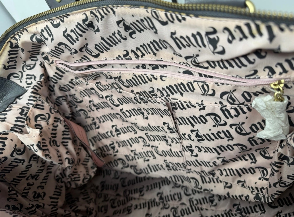 Juicy Couture large navy velour shoulder bag with grey leather trim and shoulder strap, stylish and spacious for everyday use.