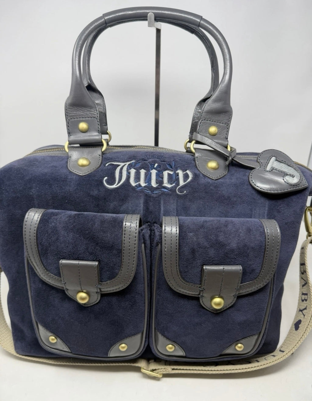 Juicy Couture large navy velour shoulder bag with grey leather trim and strap, stylish and spacious for everyday use.