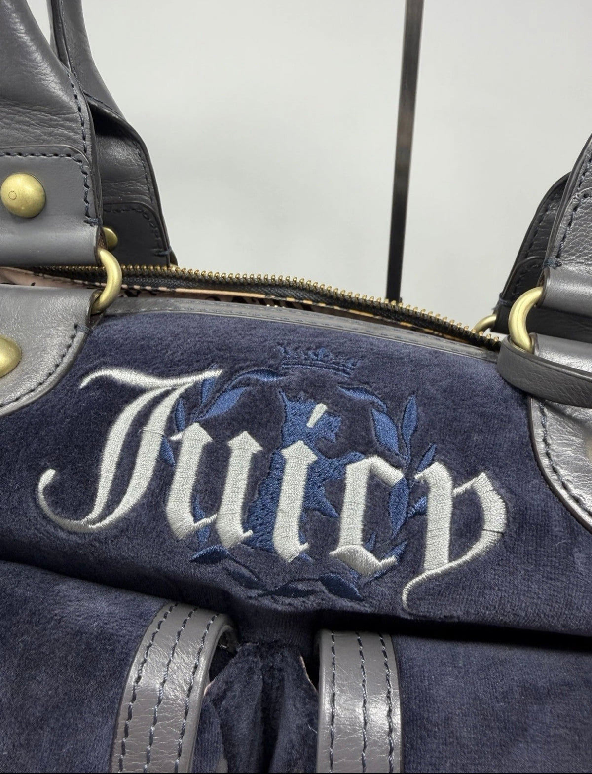 Juicy Couture large navy velour shoulder bag with grey leather trim and strap, stylish and spacious accessory for everyday use.