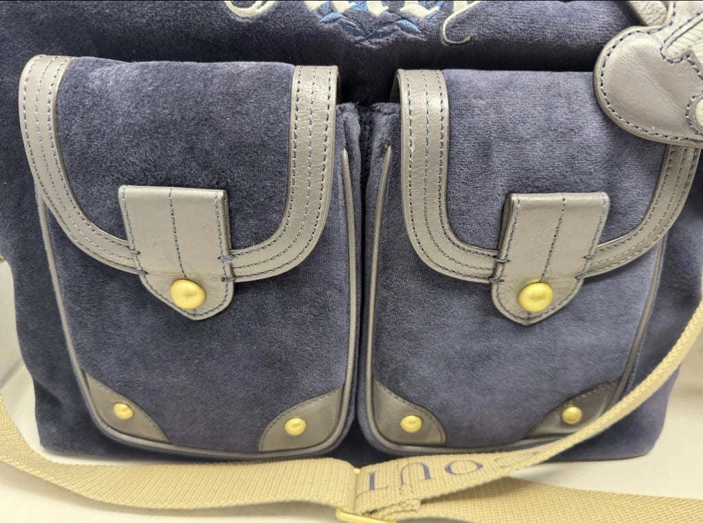 Juicy Couture large navy velour shoulder bag with grey leather trim and strap, stylish and spacious for everyday use.