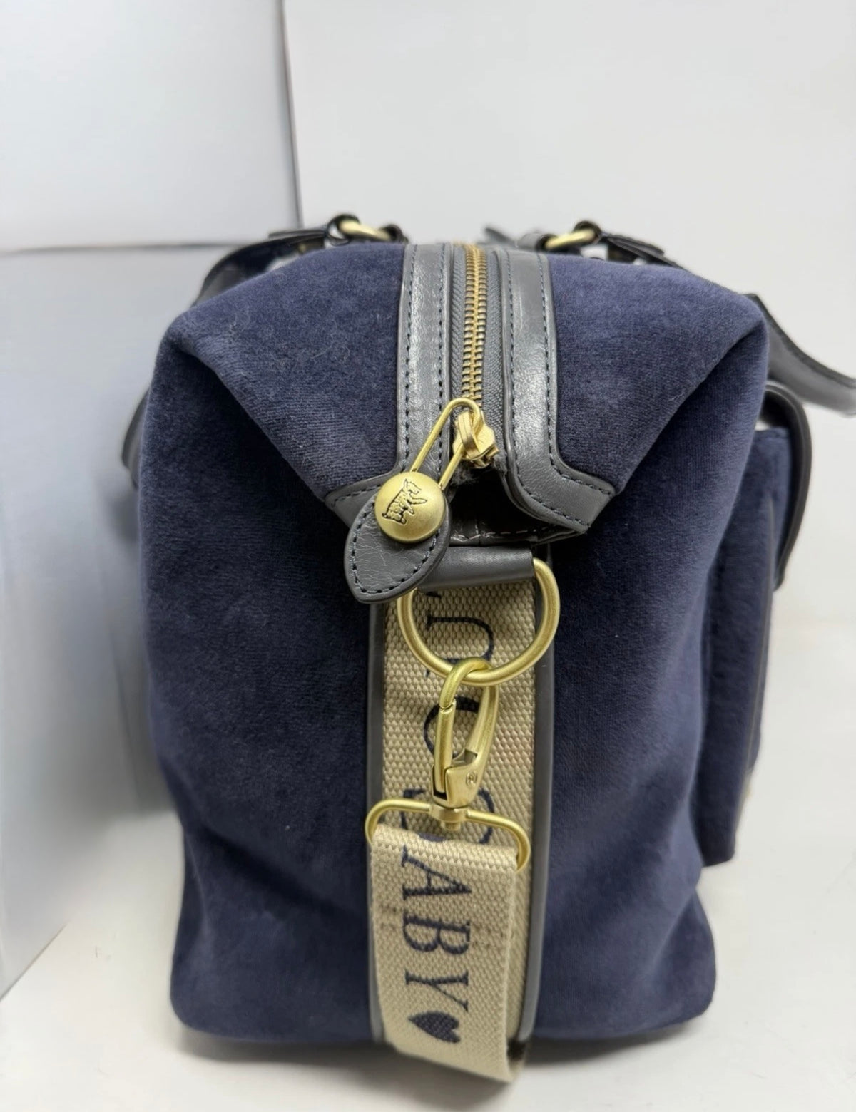 Juicy Couture large navy velour shoulder bag with grey leather trim and strap, stylish and spacious for everyday use.
