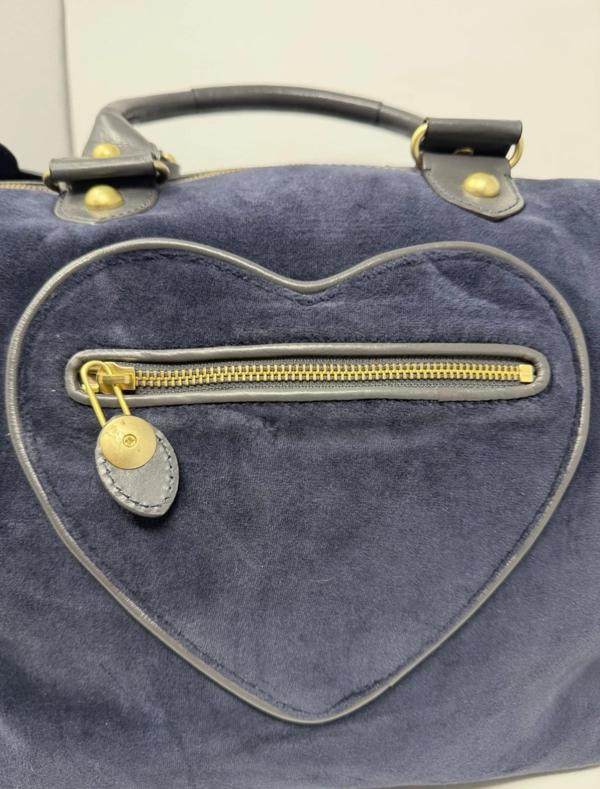 Juicy Couture large navy velour shoulder bag with grey leather trim and strap, stylish and spacious for everyday use.
