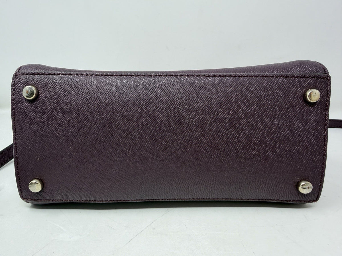 Kate Spade New York Small Cameron Saffiano Leather Satchel in burgundy and red, pre-owned, with gold-tone hardware and top handles.