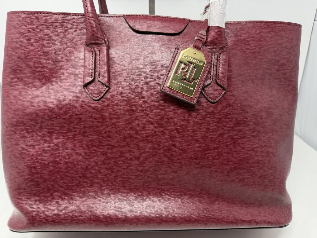 Front of the rosewood Lauren Ralph Lauren City Tote with gold-tone RLL hang tag