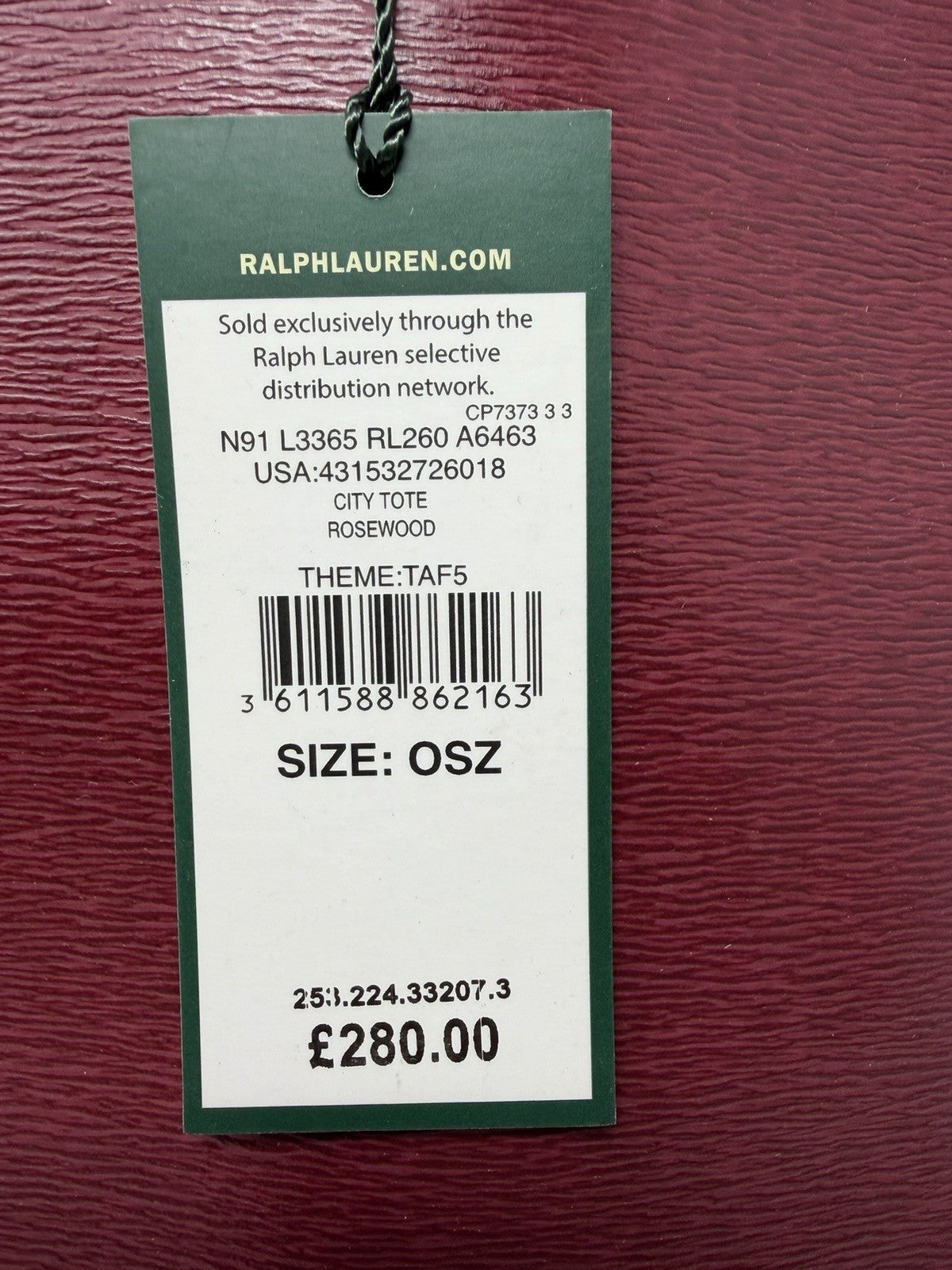 Ralph Lauren swing tag reading City Tote Rosewood, size OSZ, £280, with barcode