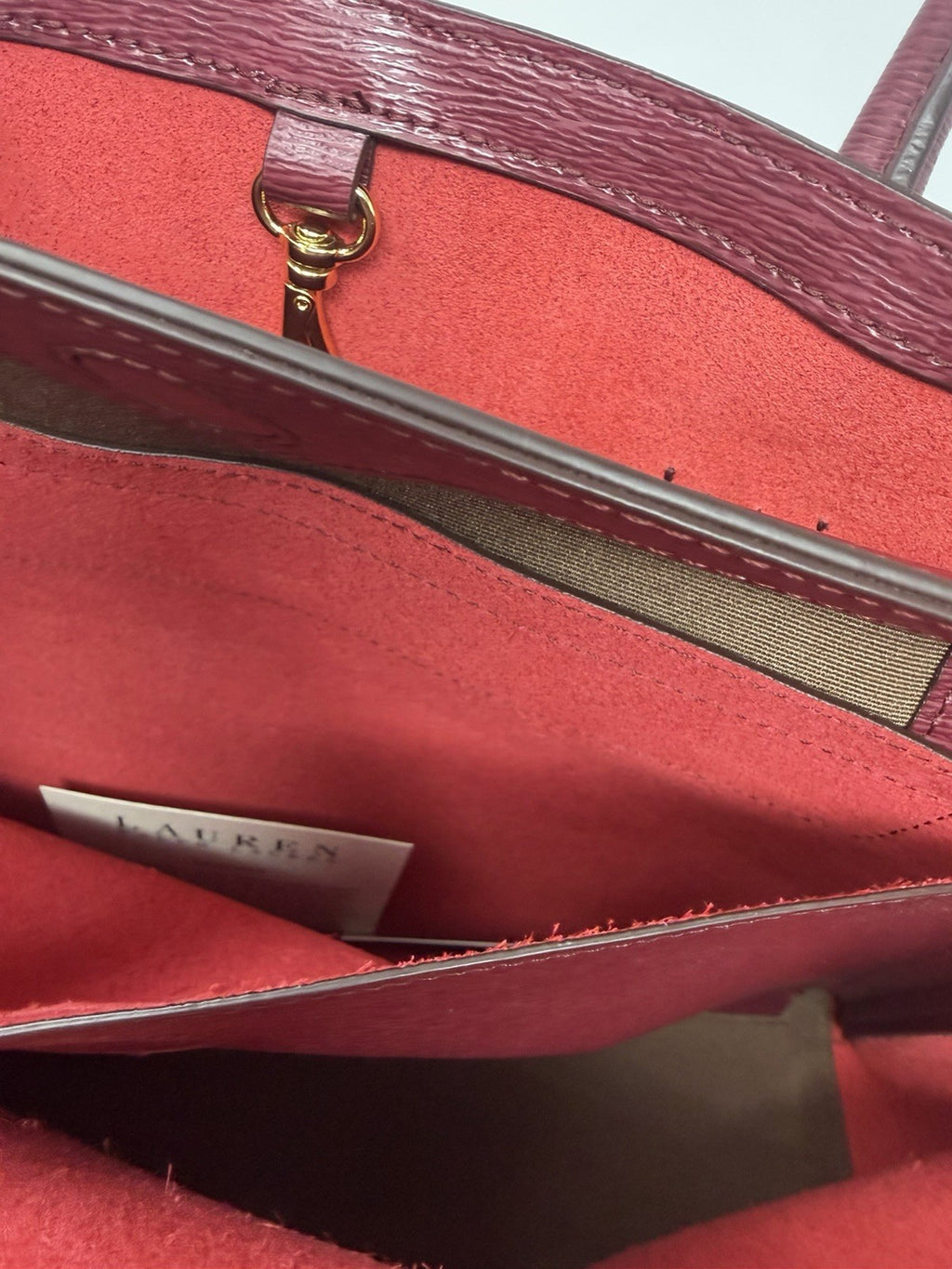 Pre-owned Lauren Ralph Lauren Rosewood leather city tote shopper bag with tag, showing sturdy handles and spacious interior.