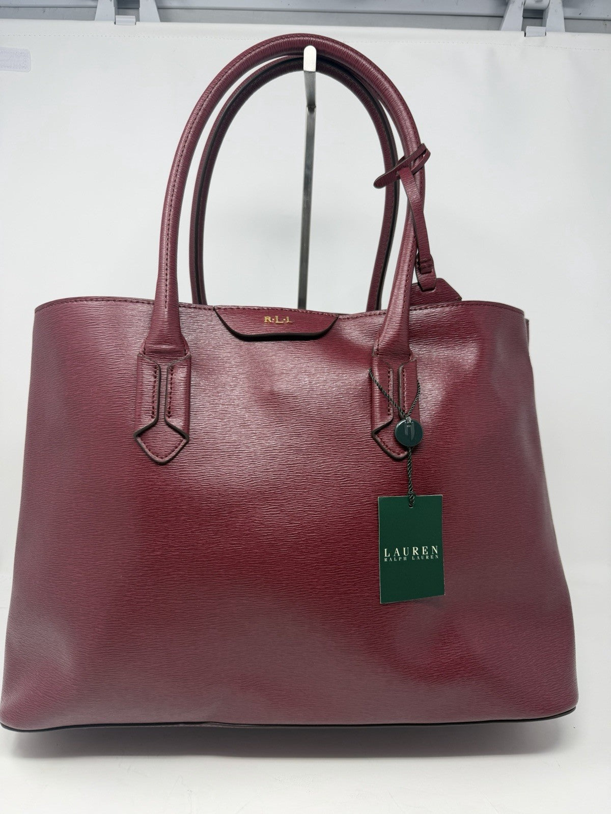 Pre-owned Lauren Ralph Lauren Rosewood leather city tote shopper bag with tag and sturdy handles on a neutral background.