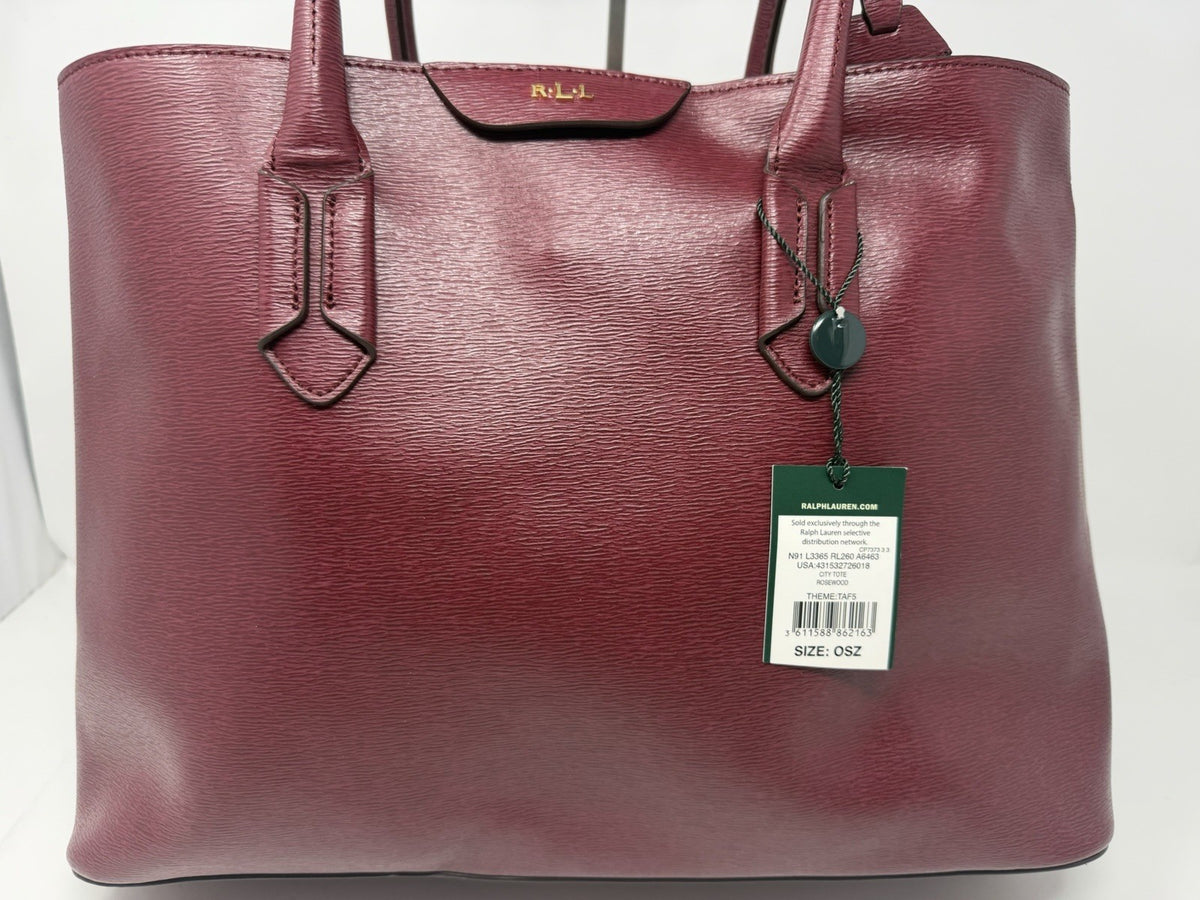 Pre-owned Lauren Ralph Lauren Rosewood Leather City Tote Shopper Bag with tag, showcasing its spacious design and elegant leather construction.
