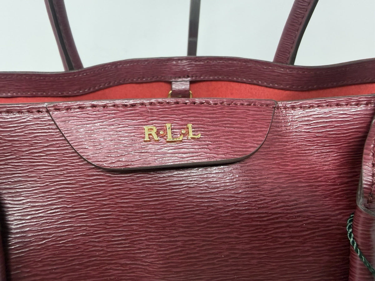 Pre-owned Lauren Ralph Lauren Rosewood Leather City Tote Shopper Bag with tag, showcasing its spacious design and elegant leather finish.
