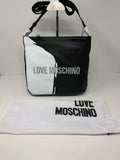 Love Moschino black and white saffiano-effect logo shoulder bag, front view with dust bag