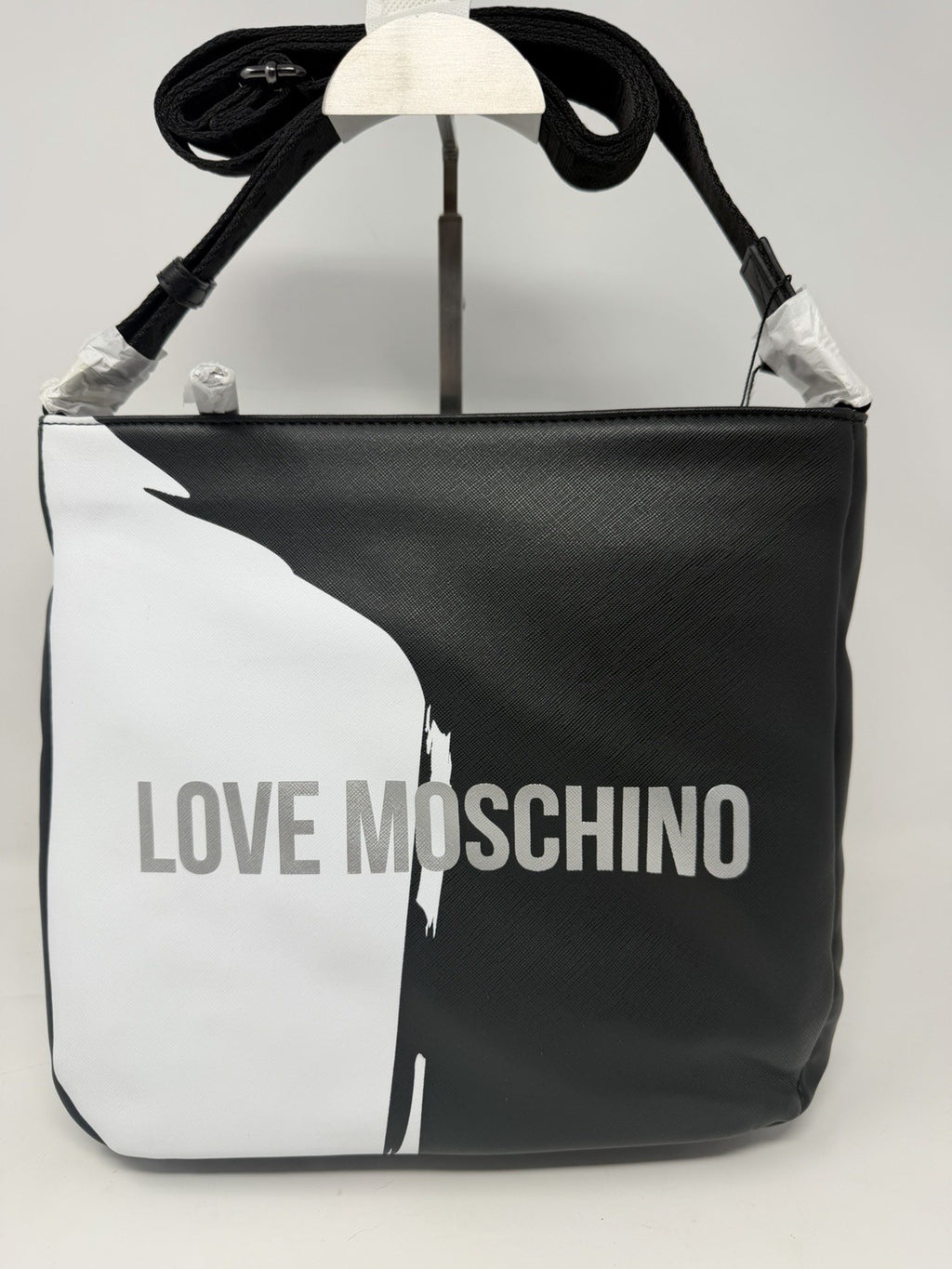 Love Moschino black and white saffiano-effect logo shoulder bag, front view