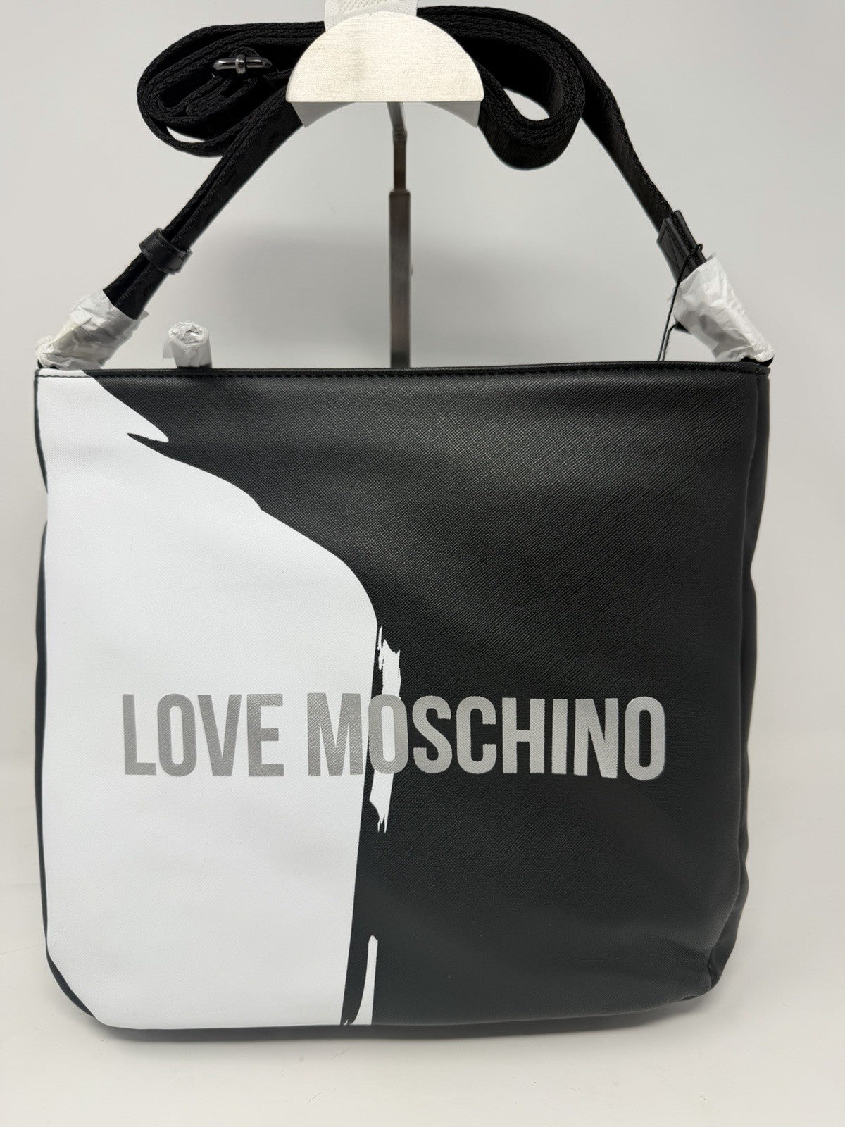 Love Moschino black and white saffiano-effect logo shoulder bag, front view