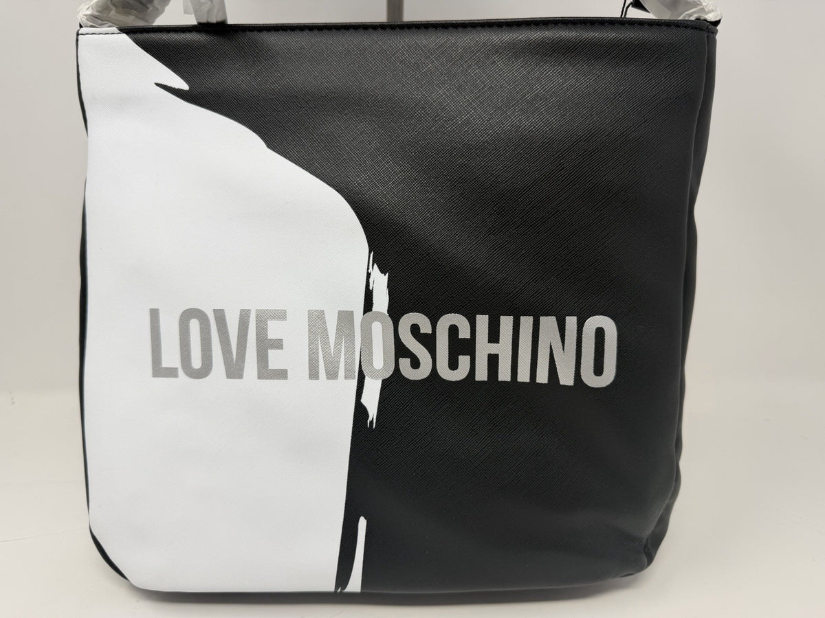 Love Moschino black and white saffiano-effect logo shoulder bag, front logo close-up