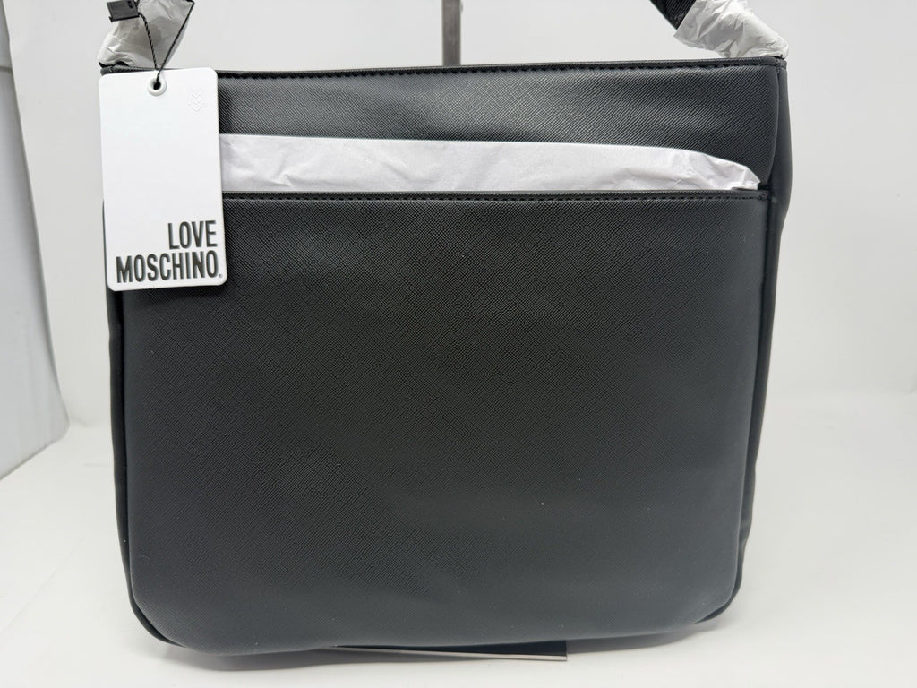 Love Moschino black and white saffiano-effect logo shoulder bag, back view with swing tag