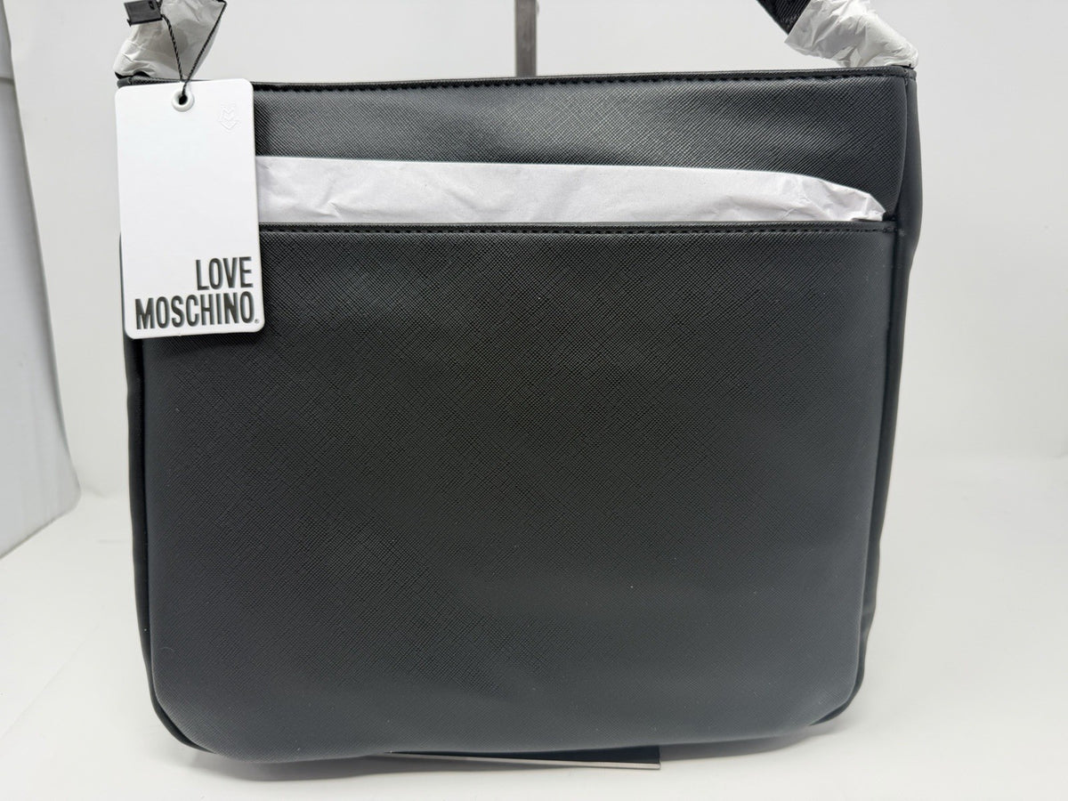 Love Moschino black and white saffiano-effect logo shoulder bag, back view with swing tag