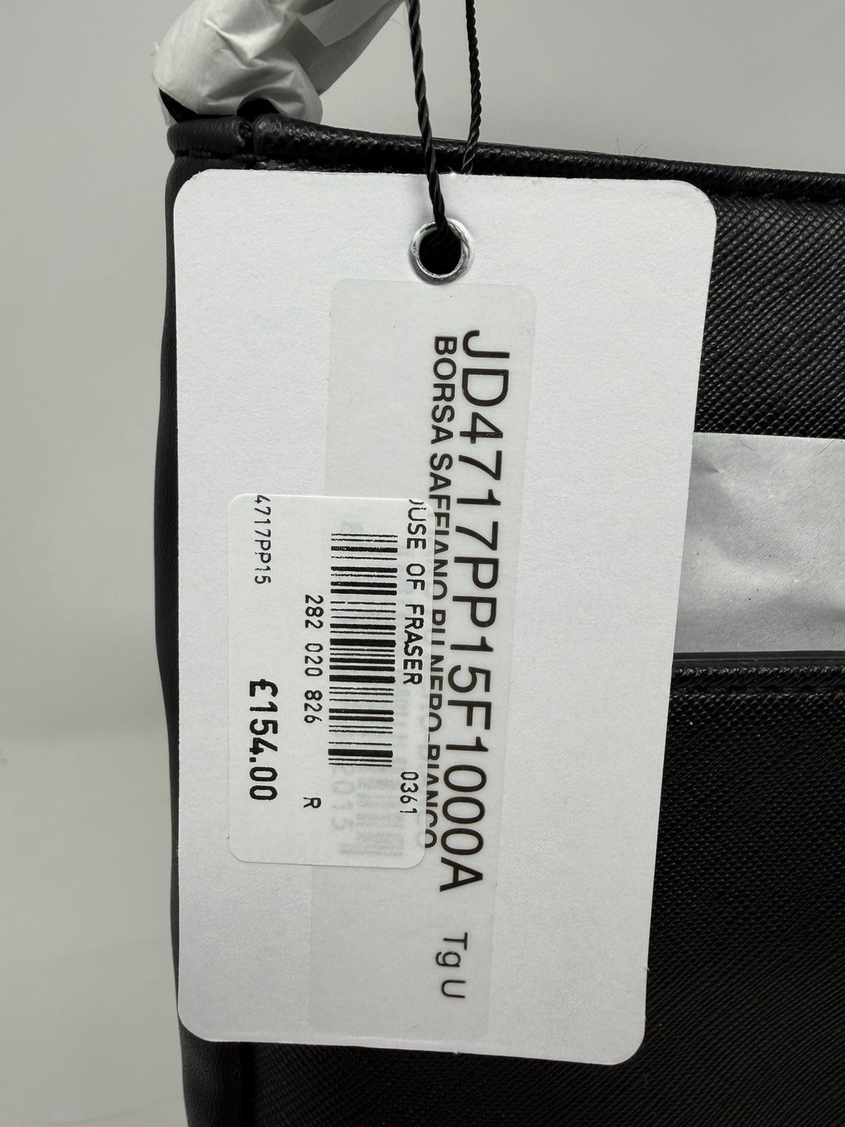 Love Moschino black and white saffiano-effect logo shoulder bag, swing tag showing JD4717PP15F1000A