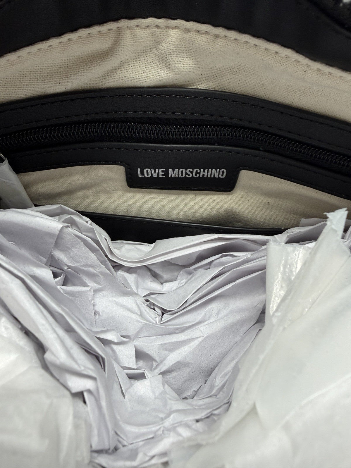 Love Moschino black and white saffiano-effect logo shoulder bag, interior with Love Moschino label