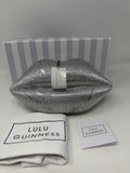 Lulu Guinness silver Perspex Lip Clutch, with its striped box, dust bag and booklet