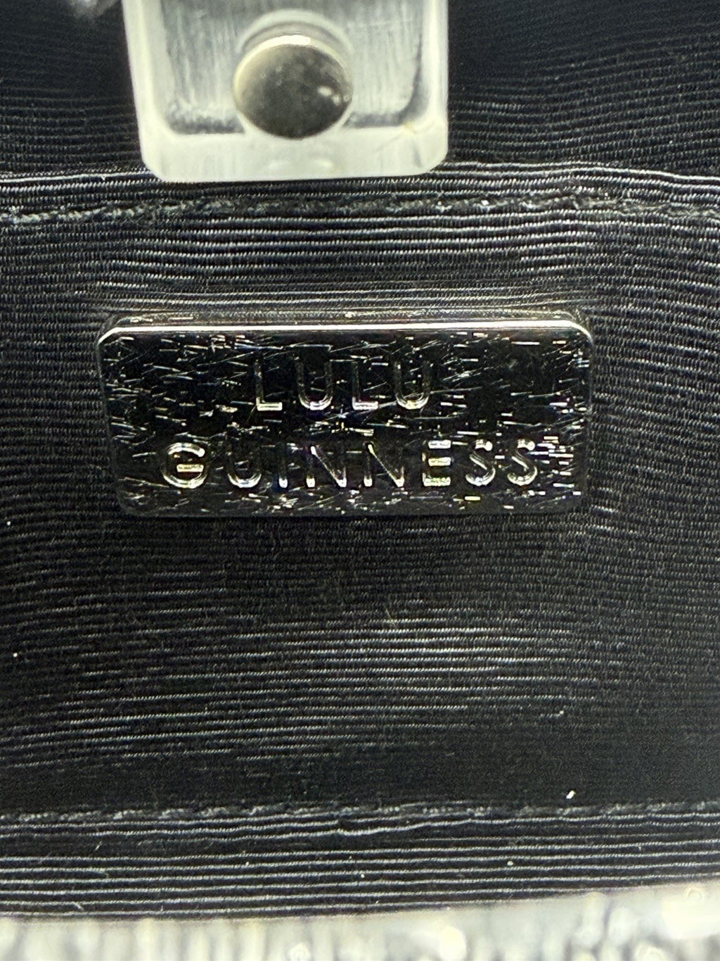 Lulu Guinness silver Perspex Lip Clutch, interior Lulu Guinness plaque