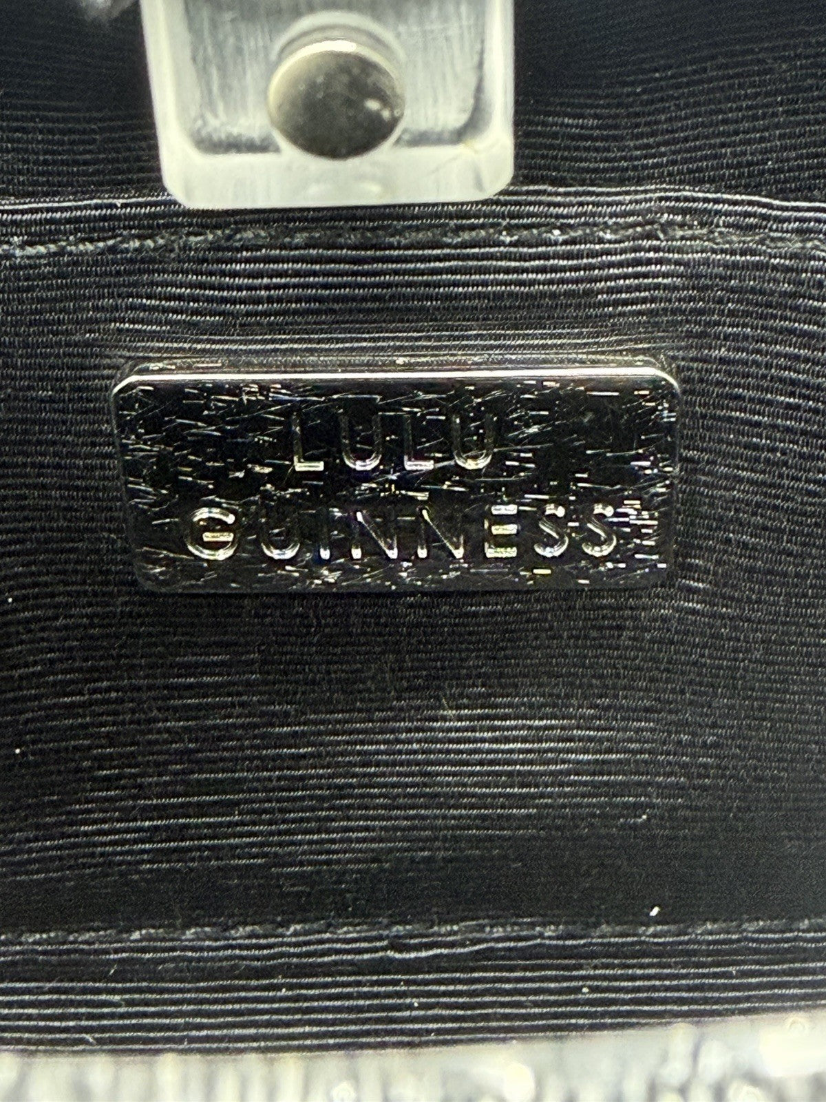 Lulu Guinness silver Perspex Lip Clutch, interior Lulu Guinness plaque