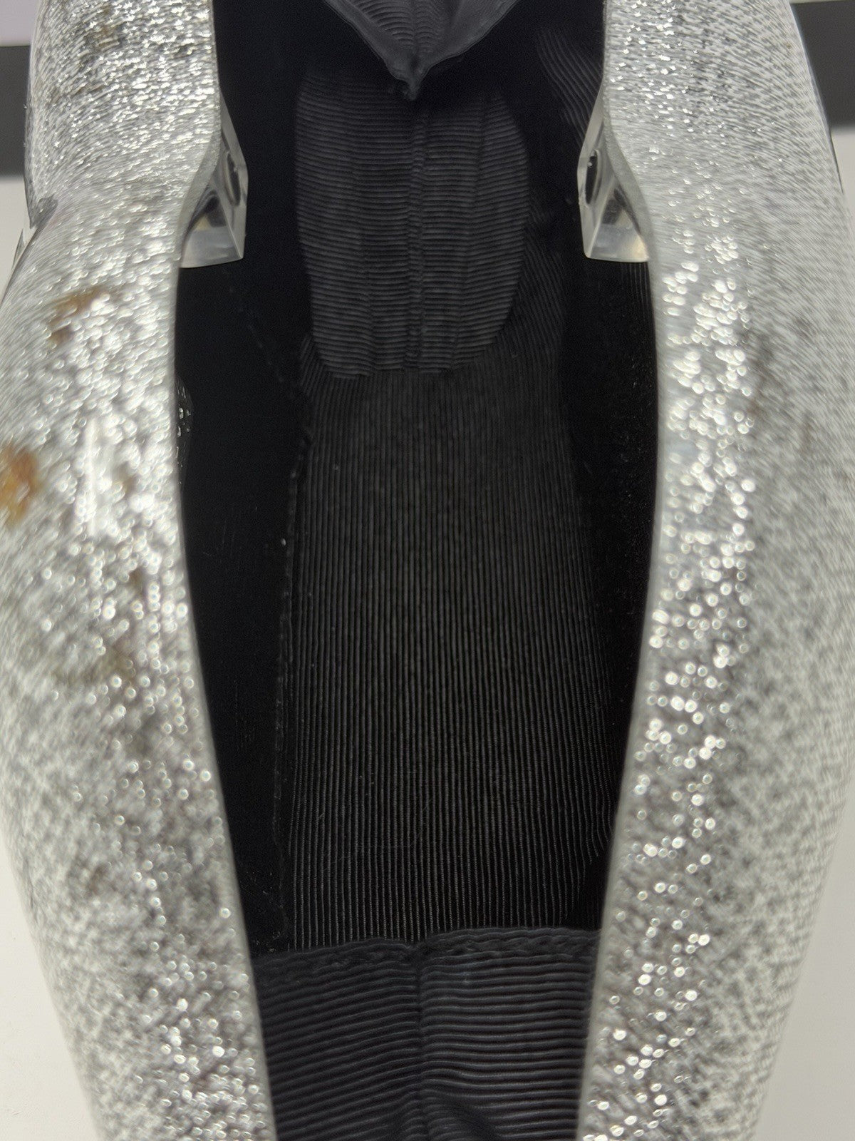 Lulu Guinness silver Perspex Lip Clutch, open view of the interior