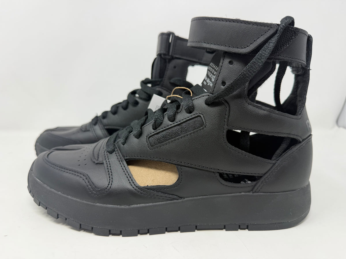 Maison Margiela × Reebok Classic Leather Tabi high-top black trainers, UK 6.5, featuring distinctive split-toe design and premium leather.