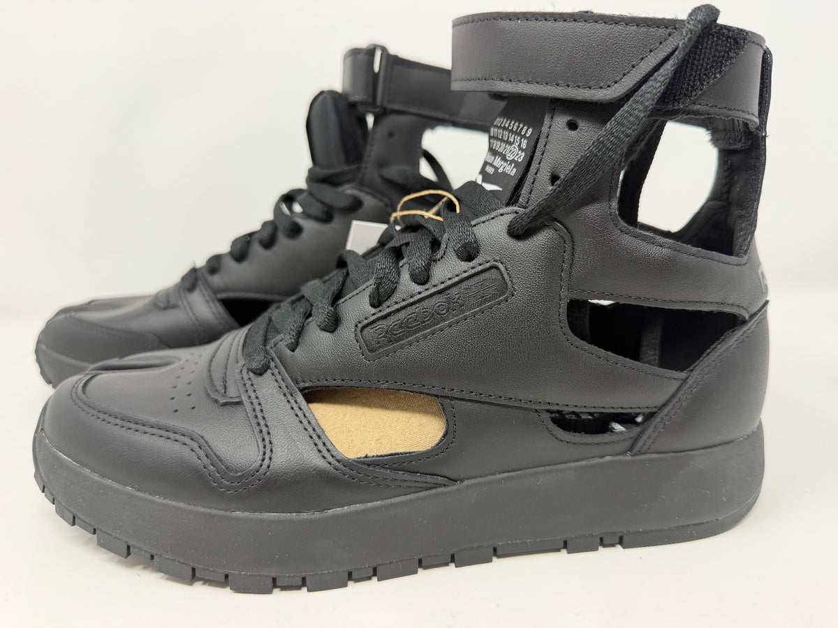 Maison Margiela × Reebok Classic Leather Tabi high black trainers, UK 6.5, EU 40, with distinctive split-toe design and leather upper.