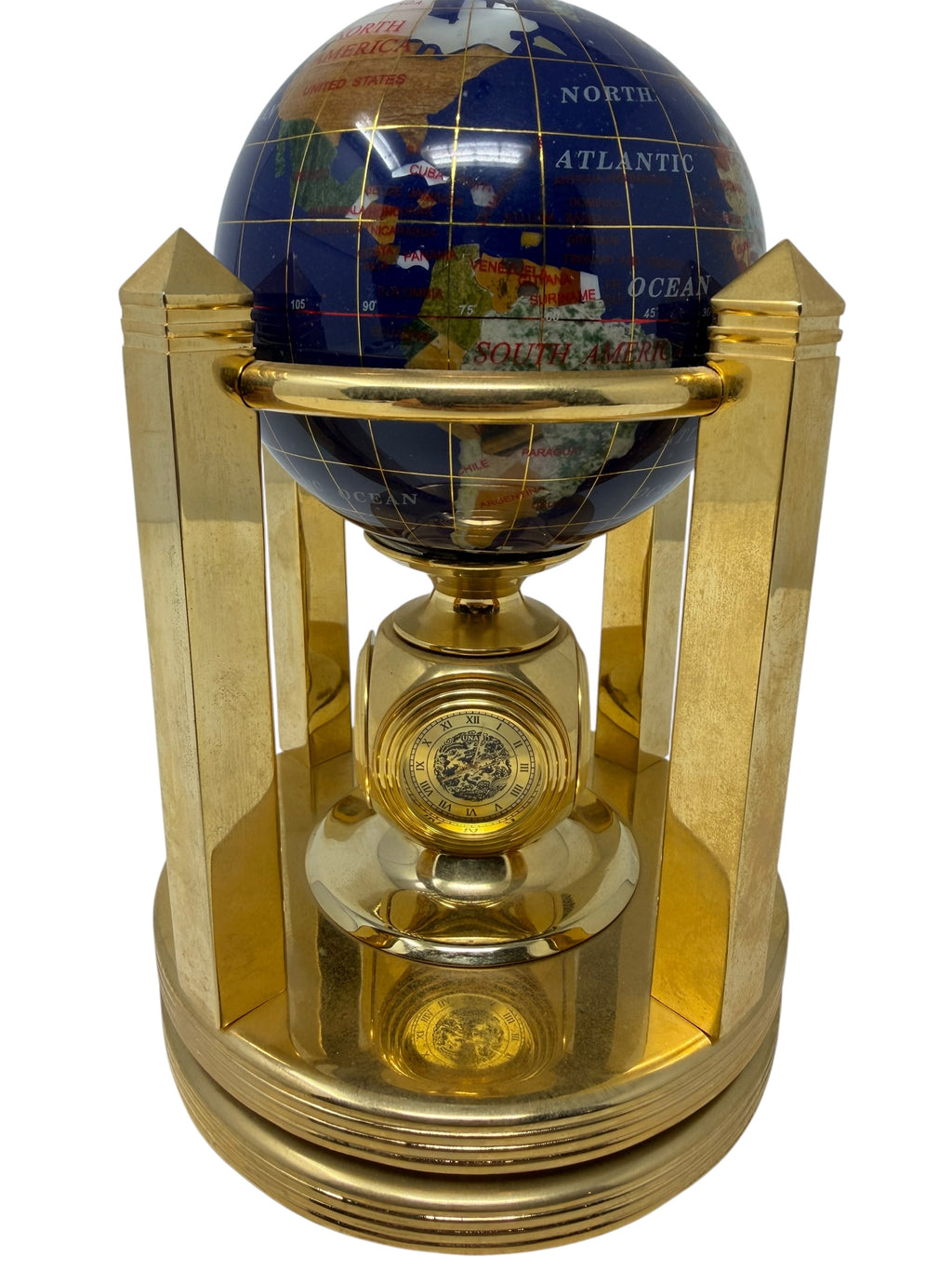 Meridian Collection gemstone world globe with clock, thermometer, and hygrometer, decorative home globe in a boxed set.