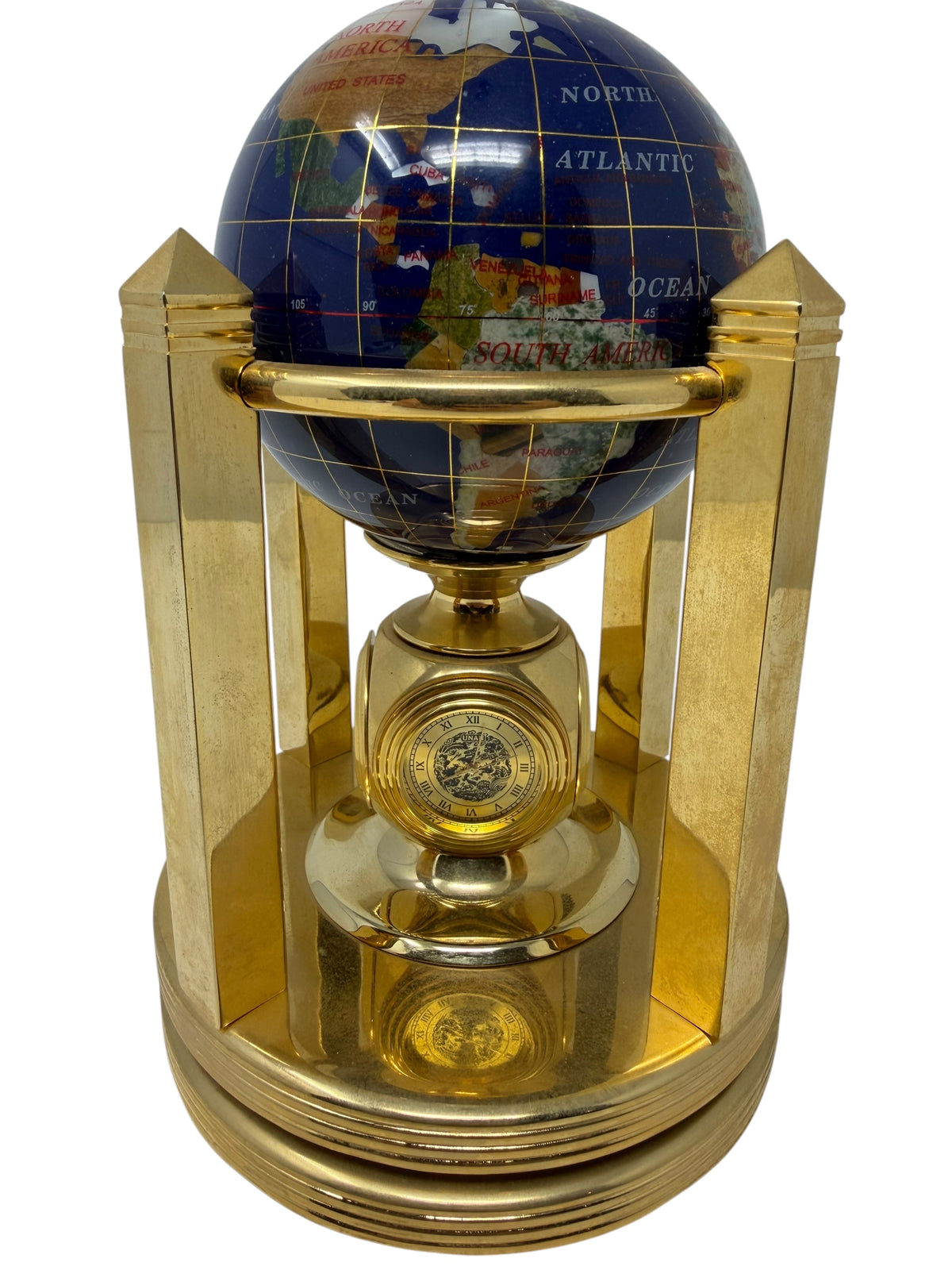 Meridian Collection gemstone world globe with clock, thermometer, and hygrometer, decorative home globe in a boxed set.